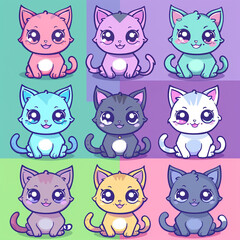 Fototapeta premium A set of cute cartoon cats, each designed with a kawaii flair, featuring different breeds and vibrant colors сreated with Generative Ai
