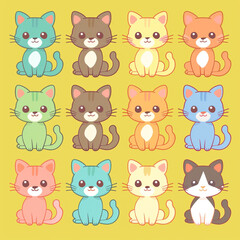 Obraz premium A set of cute cartoon cats, each designed with a kawaii flair, featuring different breeds and vibrant colors сreated with Generative Ai