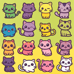 A set of cute cartoon cats, each designed with a kawaii flair, featuring different breeds and vibrant colors сreated with Generative Ai