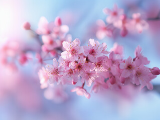Delicate flowers in spring. Sakura in soft vanilla light.