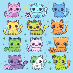 Obraz premium A set of cute cartoon cats, each designed with a kawaii flair, featuring different breeds and vibrant colors сreated with Generative Ai