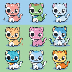 Fototapeta premium A set of cute cartoon cats, each designed with a kawaii flair, featuring different breeds and vibrant colors сreated with Generative Ai