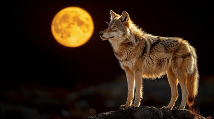 Dog Sitting on Rock in Front of Full Moon