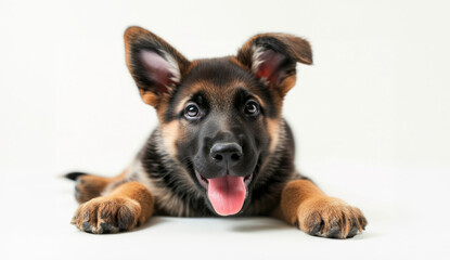 German Shepherd Puppy Lying Down with the Tongue Out, White Background, Dogs Care Products Advertising Concept