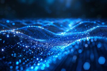 number blue matrix on black background, bokeh. 3D rendering of blue particles form line and surface grid, grid with depth of field, bokeh background