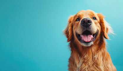 Cute Golden Retriever with Tongue Out, Closeup, Blue Background, Dogs Products Advertising Concept