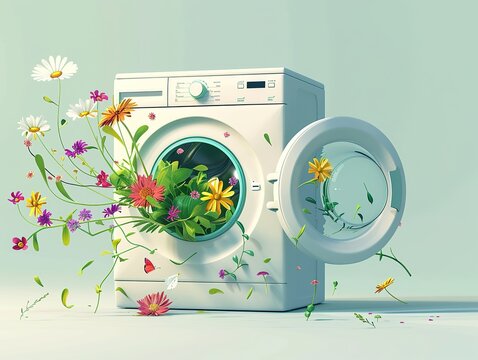 an unbranded washing machine, its door is open, various fragrant garden flowers fall out of it. cartoon illustration for commercial 