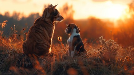A cat and a beagle dog sitting atop a hill, their silhouettes against the glow of the setting sun - obrazy, fototapety, plakaty