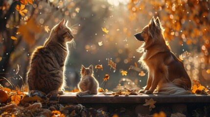 A cat and a dog sitting together on a park bench, gazing at passing birds on a warm afternoon - obrazy, fototapety, plakaty