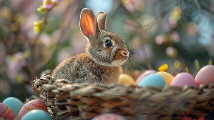 Fototapeta na wymiar Rabbit Sitting in Basket of Eggs