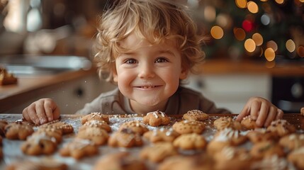 A child gleefully sprinkling decorations on cookies before they go into the oven, kitchen a joyful mess - obrazy, fototapety, plakaty