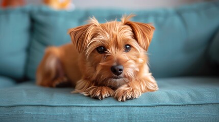 Small Brown Dog Sitting on Blue Couch