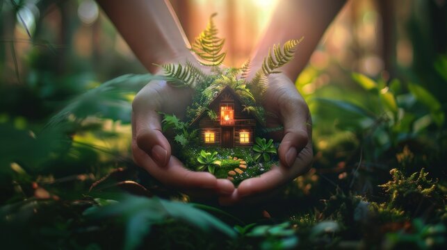 Close up female hands hold's to saving small house on nature background. AI generated image