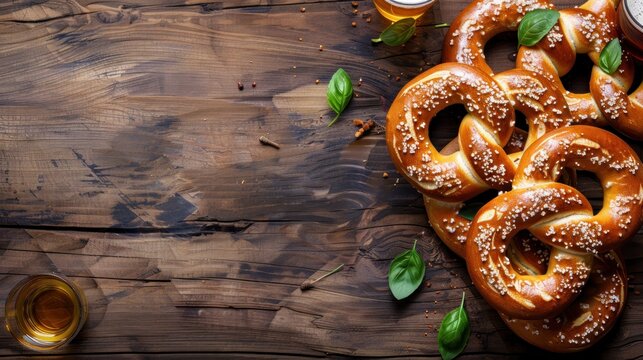 A table with a bunch of pretzels and a glass of beer. The table is set for a casual meal or snack. Oktoberfest Concept