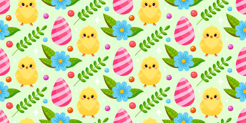 Cute floral Easter pattern with yellow chickens and colored eggs. The cheerful Easter design for background, digital paper, wallpaper, fabric. Seamless pattern. Vector illustration.