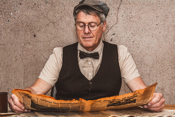 Pensionist liest morgens die Zeitung