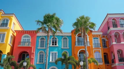 Deurstickers Colorful Buildings and Palm Trees © olegganko