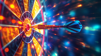 A close-up of a dart achieving a bullseye on a dartboard, depicted in vibrant motion with a digital effect