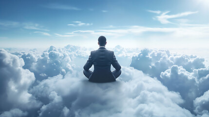 A serene scene featuring a businessman in a suit meditating atop a cloud-covered landscape, symbolizing peace and clarity - obrazy, fototapety, plakaty