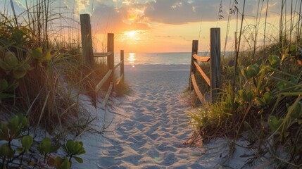 Path to the beach at sunset