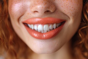 Fototapeta premium perfect woman smile close up, perfect skin, peach light colors palette