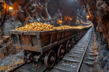 inside a gold mine, old mine shaft, bendy mine cart tracks, mine cart full of gold nuggets, Railway in the cave