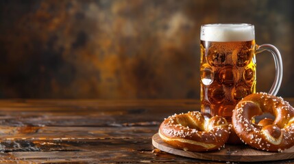 A mug of beer sits on a wooden table next to two pretzels. The scene conveys a casual and relaxed atmosphere. Oktoberfest Concept