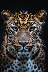 majestic leopard, front view, dark background