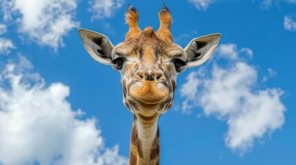 Naklejka premium Animal photography, portrait funny giraffe over blue sky with white clouds. AI generated image