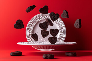 chocolate cookies in the shape of hearts falling into a plate - Powered by Adobe