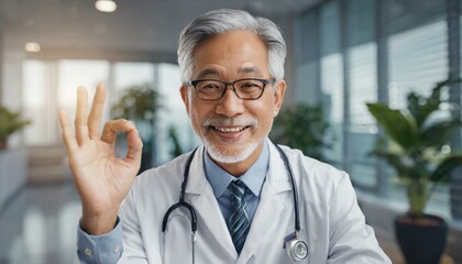  senior doctor with grey hair and a warm smile makes a conversational gesture as if explaining a diagnosis or medical advice, against the backdrop of a modern clinic interior. Telemedicine