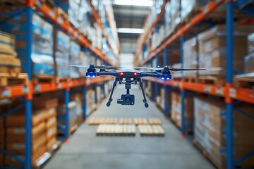 A compact drone maneuvers through a warehouse packed with boxes. - obrazy, fototapety, plakaty
