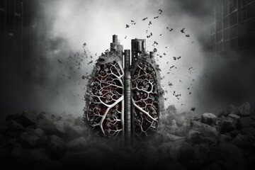 Illustration of cigarette butt in human lungs symbolizing consequences of smoking addiction - obrazy, fototapety, plakaty