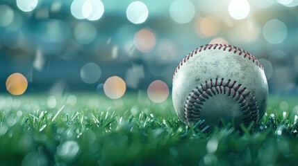 Close up baseball ball sport on grass with blur background. AI generated image