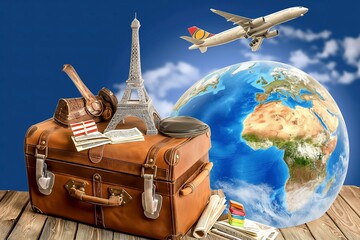 Naklejka premium An airplane soars over clouds with a vintage suitcase in front, showcasing travel and tourism concept.