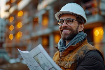 portrait smiling model male architect wearing hardhat and holding architectural plans, outside building in construction in the background, bokeh  - obrazy, fototapety, plakaty
