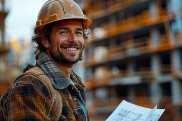 portrait smiling model male architect wearing hardhat and holding architectural plans, outside building in construction in the background, bokeh  - obrazy, fototapety, plakaty