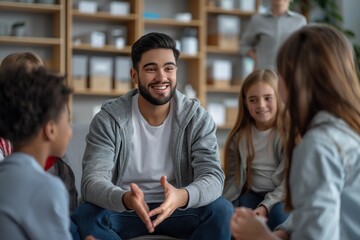 A smiling educator engages with young students on mental wellness. - obrazy, fototapety, plakaty