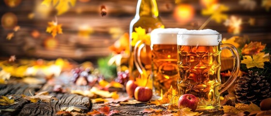 Two mugs of beer are on a table with autumn leaves and apples. Scene is festive and relaxed. Oktoberfest Concept