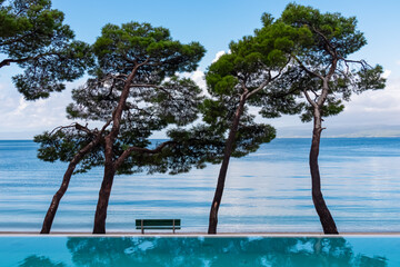 Infinity pool in luxury hotel along the promenade in coastal town Makarska, Split-Dalmatia,...