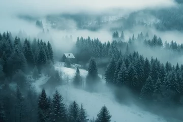 Papier Peint photo Lavable Forêt dans le brouillard Winter aerial view of a forest blanketed in snow, with fog, pine trees, and a small castle visible in the distance.
