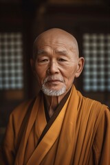An elderly Chinese monk in traditional yellow robes and a white beard.
