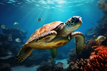 Poster a sea turtle swimming in the ocean © Cusnir