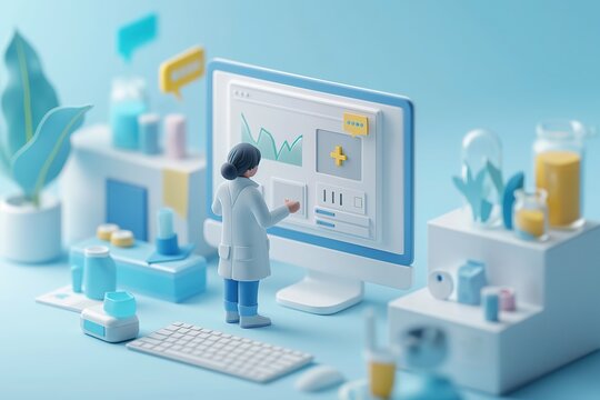 A person standing in front of a computer screen, engaging with a medical chat login page in isometric style graphics.