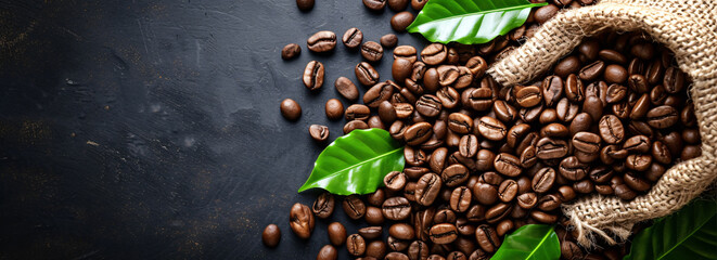 a pile of coffee beans with leaves