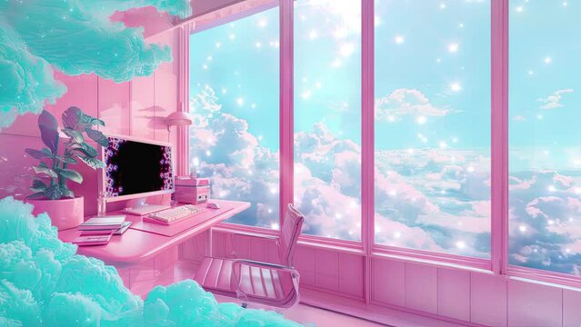 cute pink workstation in the sky with pink and blue clouds dreamy sparkles flying birds for obs livestream overlays animated seamless loop video