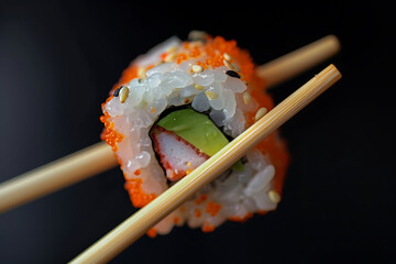 A Close Up of Sushi With Chopsticks