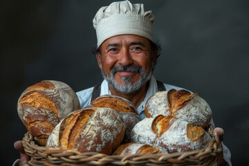 smiling handsome mature baker with a tray of bread, perfect skin