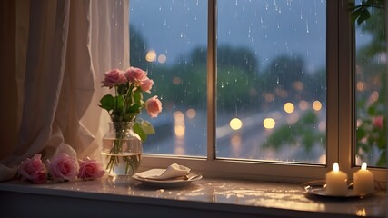 "Rain-Kissed Romance: View from the Window onto the Glistening Road After Rain, Setting a Romantic Scene"






