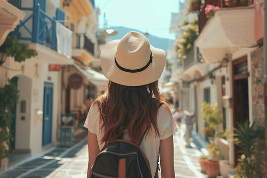  Traveler woman enjoys the classic setting of white houses and colorful flowers on the Cyclades islands of Greece during summer time